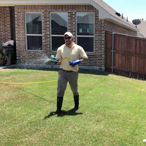Hand touching well fertilized lawn grass in Keller, Texas.